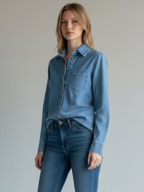 Ted Baker Chambray Blue Denim Button Up Shirt with Floral Accents Elevated Basic